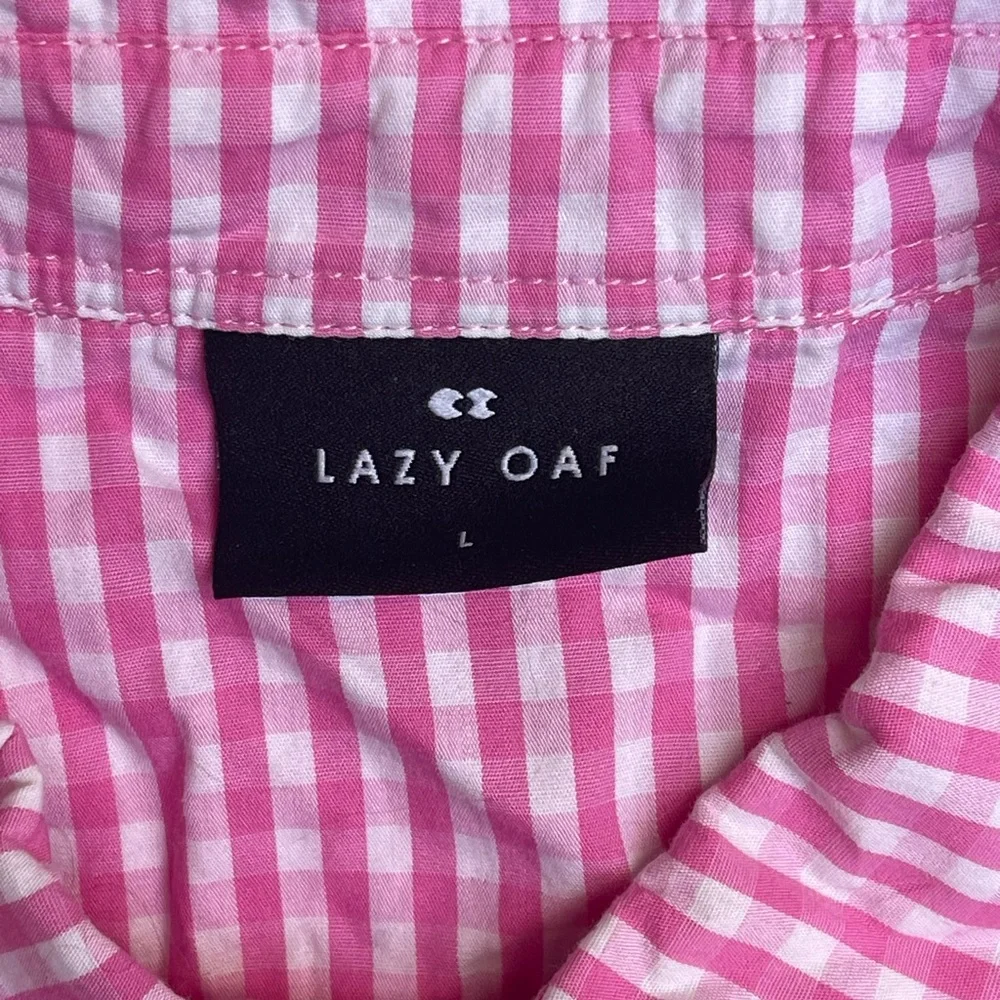 LAZY OAF gingham pink with hearts button up cropped shirt | SIZE L - Picture 5 of 9